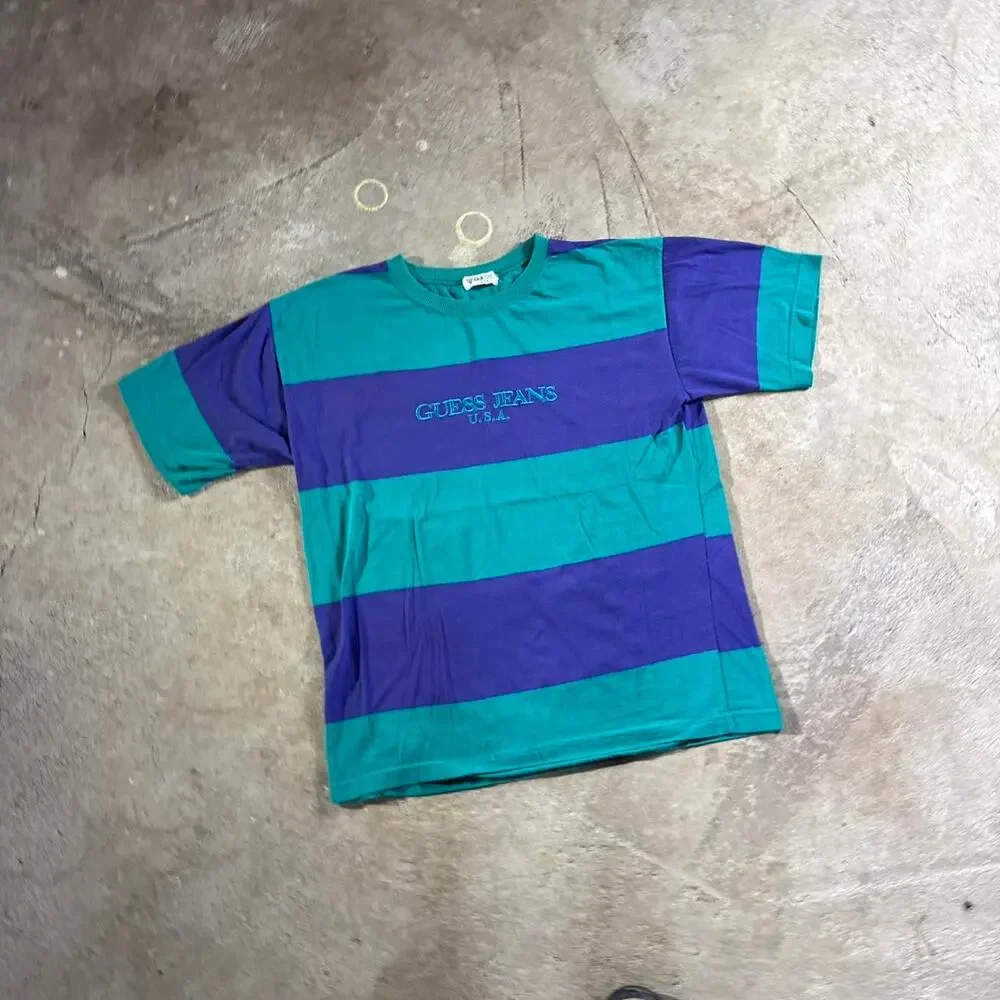 Vintage VTG 90’s Guess Jeans Striped Single Stitch Graphic T-Shirt - Picture 2 of 7